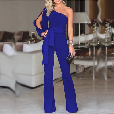 Women’s Jumpsuit – Slim Fit – One Shoulder – Belted Waist – Flared Leg – Full Length
