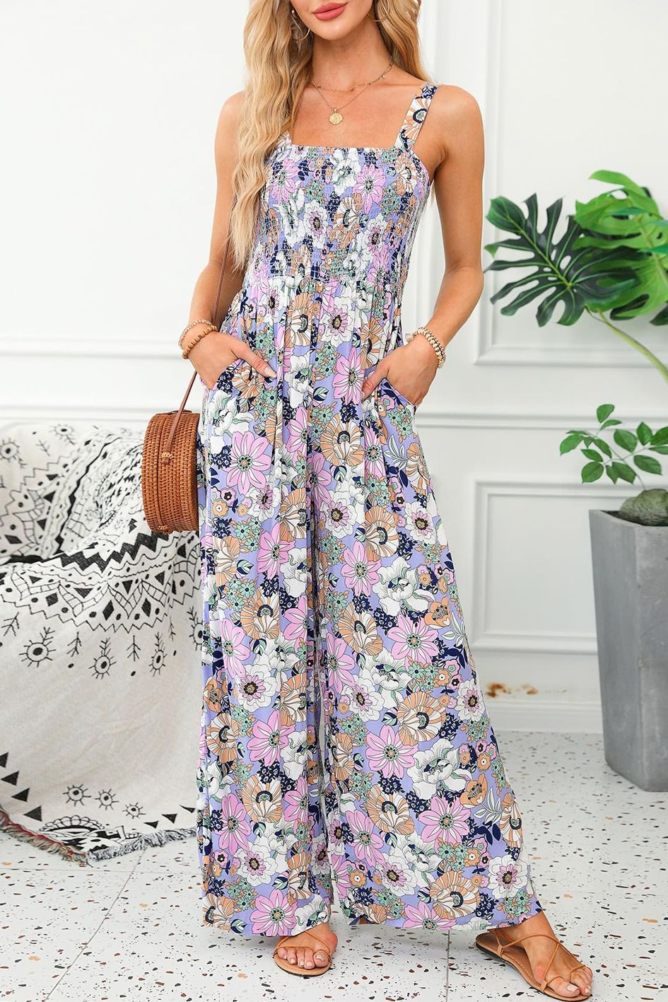 Florence - Floral Print Sleeveless Jumpsuit with Pockets