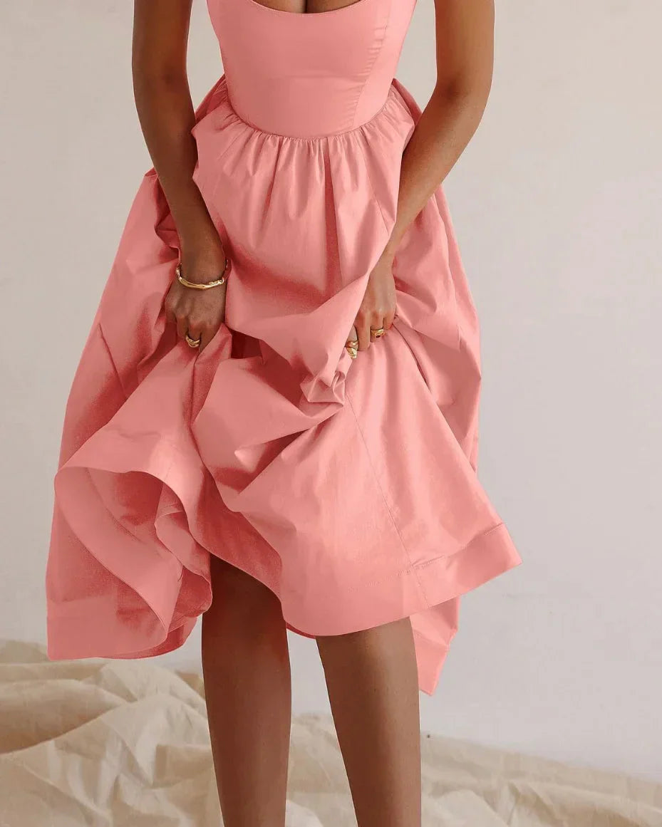 Avencea | Solid V-neck Pleated Waist Dress with a Touch of Luxury and Elegance