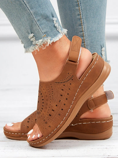 Avencea | Retro Sandal with Ethnic Pattern, Cutout and Hollow Design, Velcro Closure