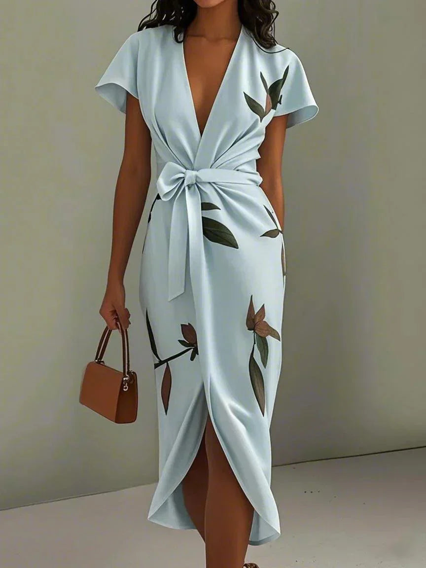 White Leaf Short Sleeve Satin Wrap Sheath Midi Dress