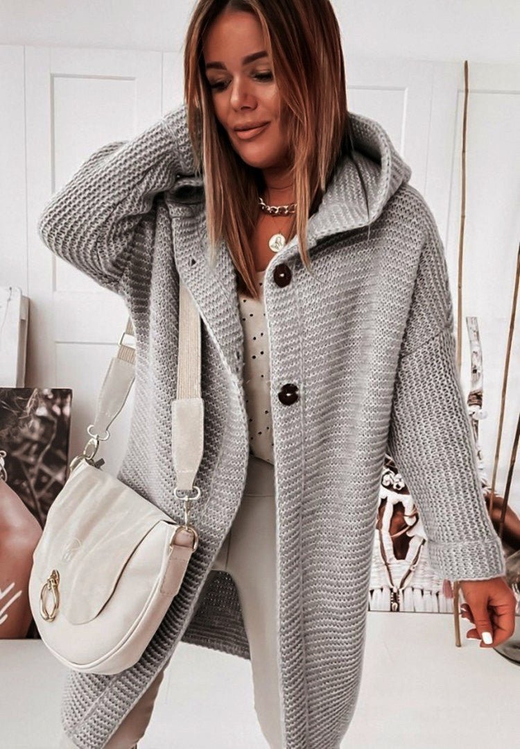 Women’s Cardigan – Hooded Knitted – Relaxed Fit – Mid-Length – Single Button Closure