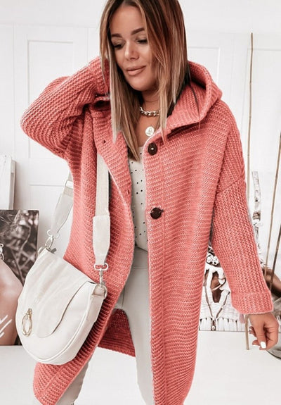 Women’s Cardigan – Hooded Knitted – Relaxed Fit – Mid-Length – Single Button Closure