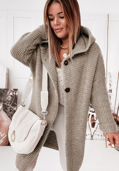 Women’s Cardigan – Hooded Knitted – Relaxed Fit – Mid-Length – Single Button Closure