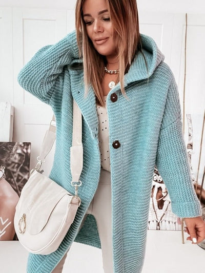 Women’s Cardigan – Hooded Knitted – Relaxed Fit – Mid-Length – Single Button Closure