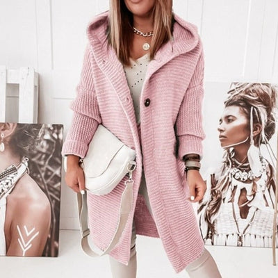 Women’s Cardigan – Hooded Knitted – Relaxed Fit – Mid-Length – Single Button Closure