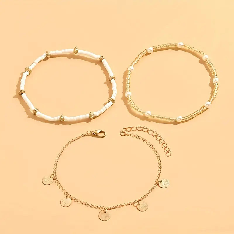 Coastal Charm 3-Piece Layered Anklet Set | Gold 18k