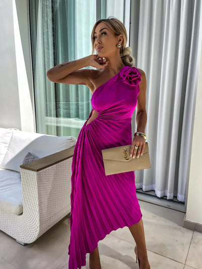 Orielle - One Shoulder Flower Decor Irregular Pleated Dress