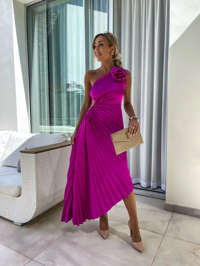 Orielle - One Shoulder Flower Decor Irregular Pleated Dress