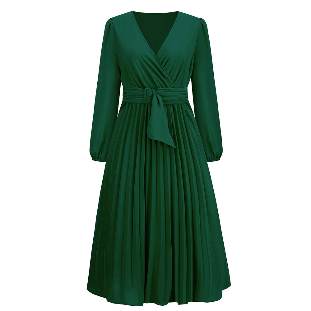 Women's Long-Sleeved V-Neck Pleated Dress with Belt