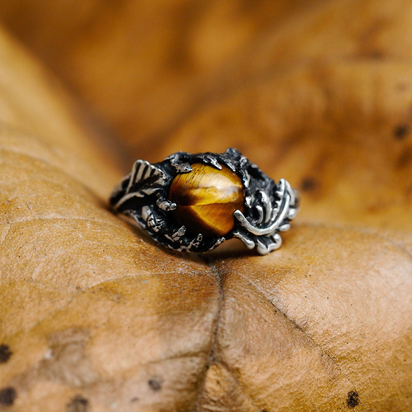Tiger Eye Ring With Oak Leaf Design