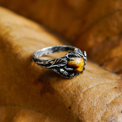 Tiger Eye Ring With Oak Leaf Design