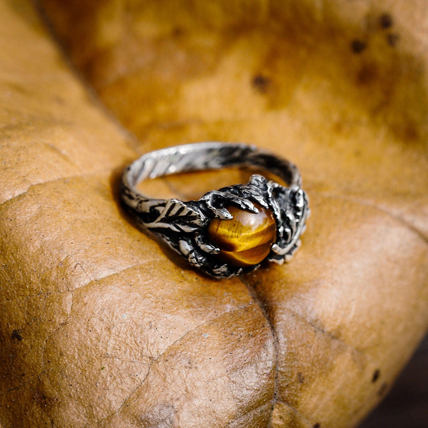 Tiger Eye Ring With Oak Leaf Design