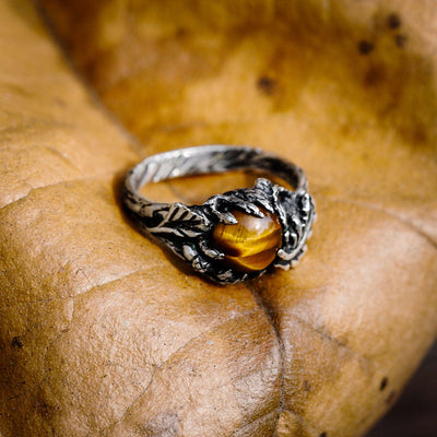 Tiger Eye Ring With Oak Leaf Design