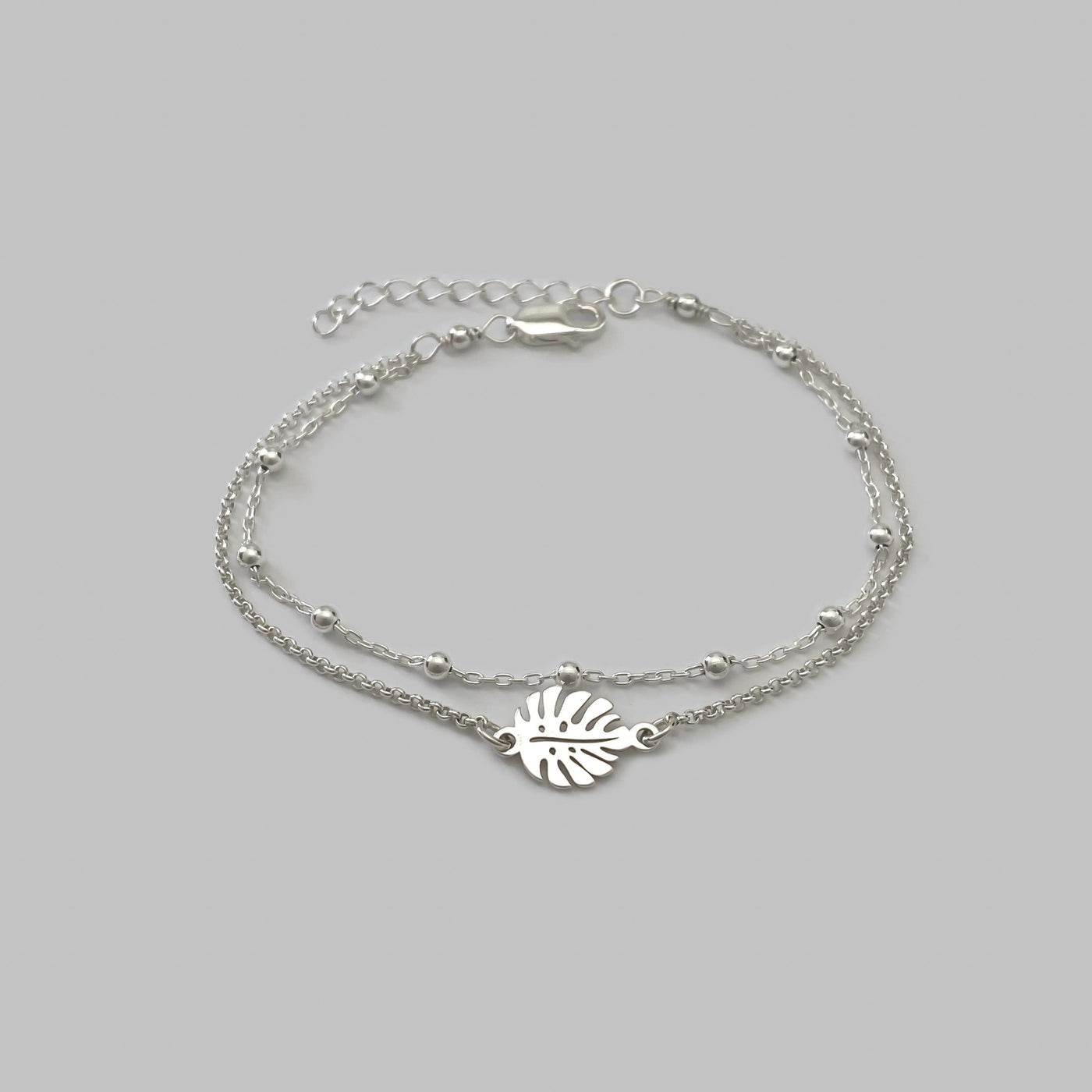 Silver Double Chain Monstera Leaf Bracelet
