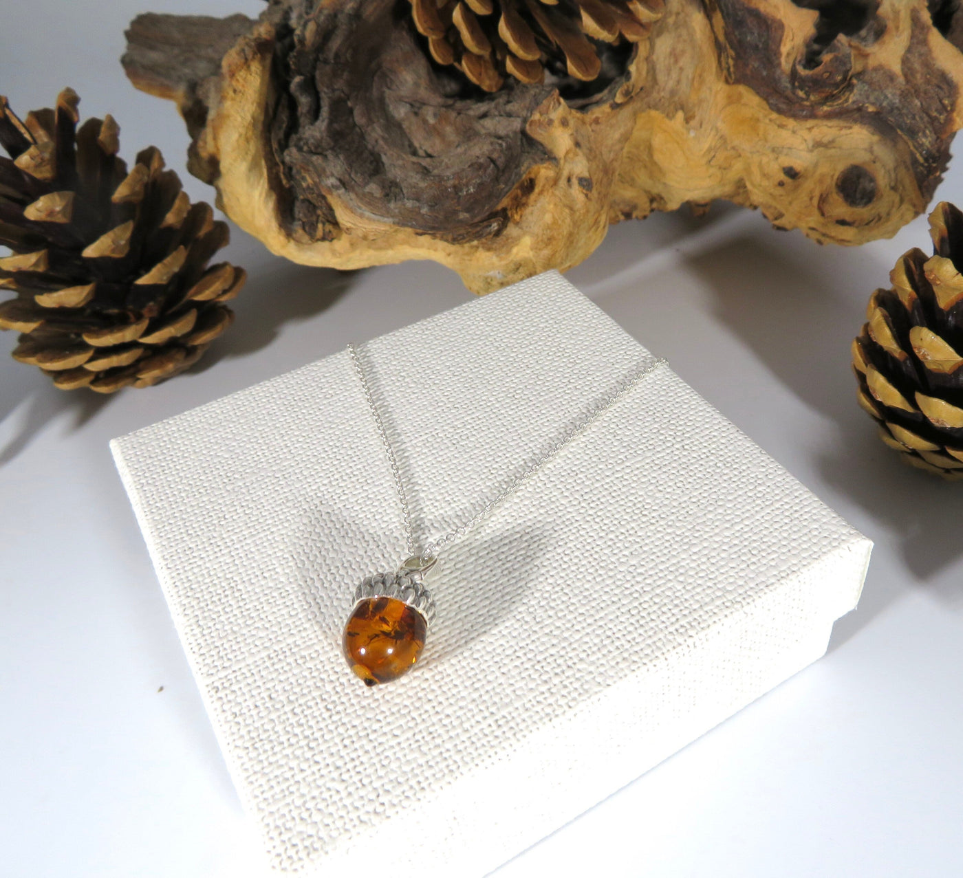Sterling Silver Acorn Amber Necklace