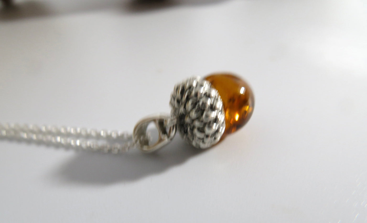 Sterling Silver Acorn Amber Necklace