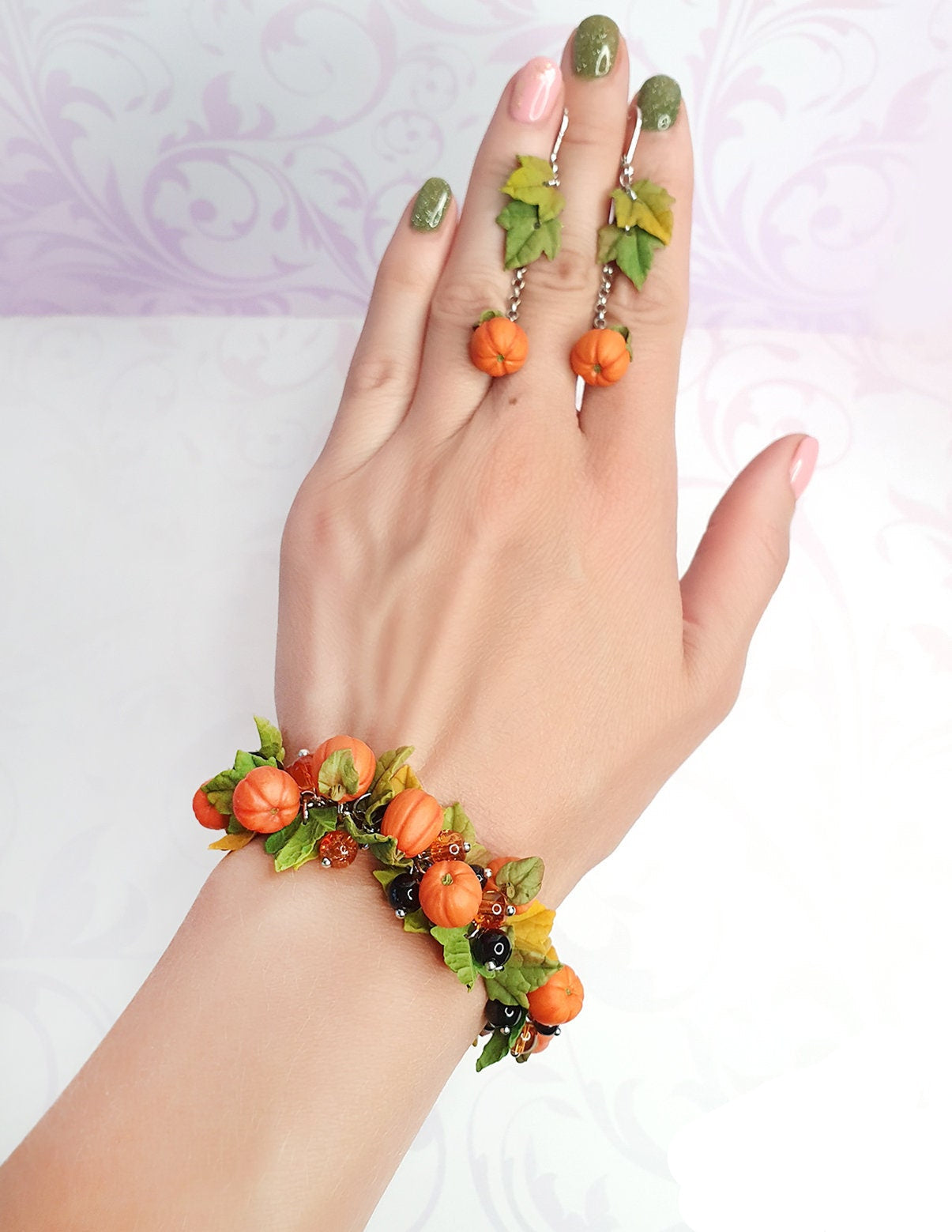 Halloween Pumpkin Bracelet & Earrings Set