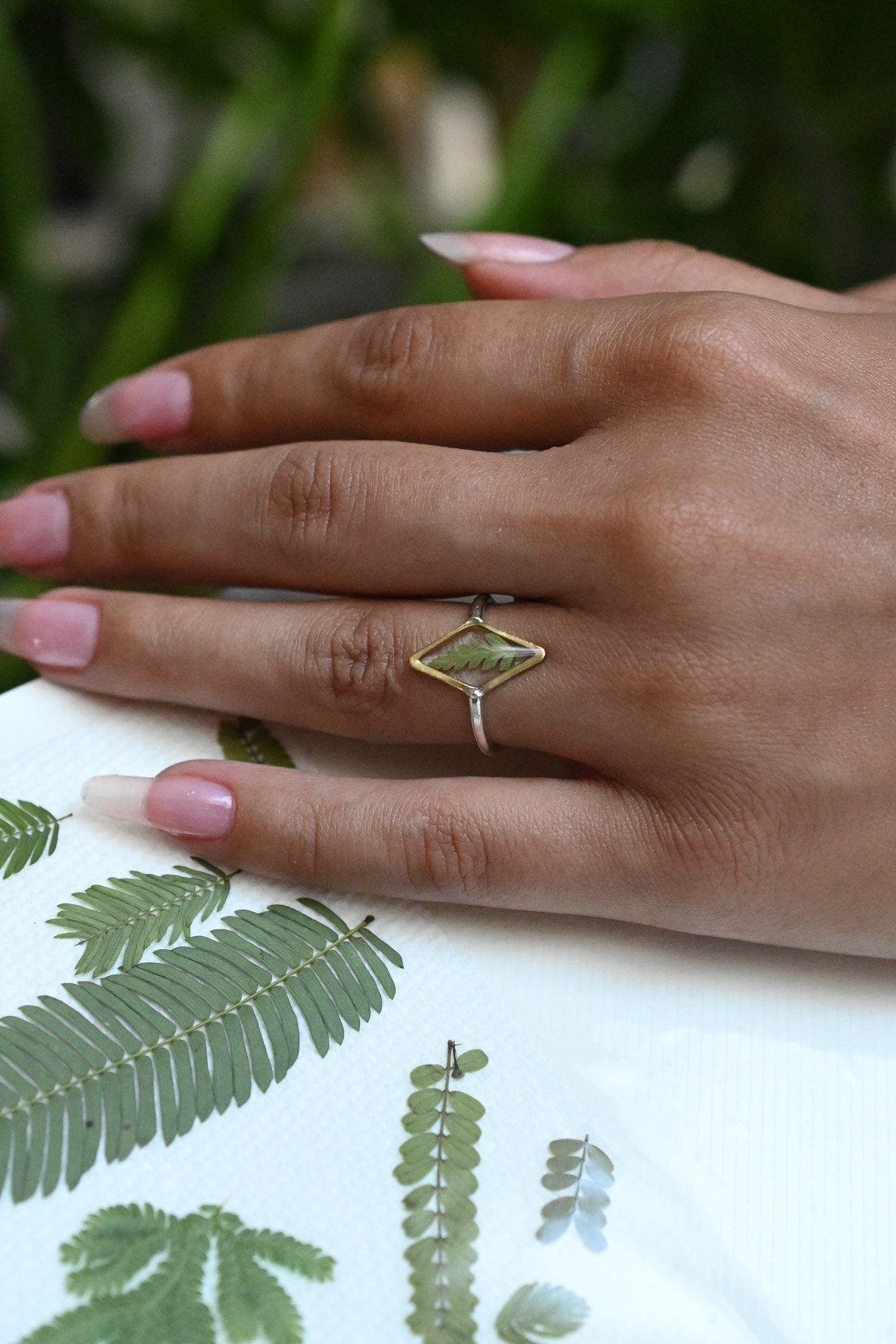 Dried Fern Resin Ring Botanical Jewelry
