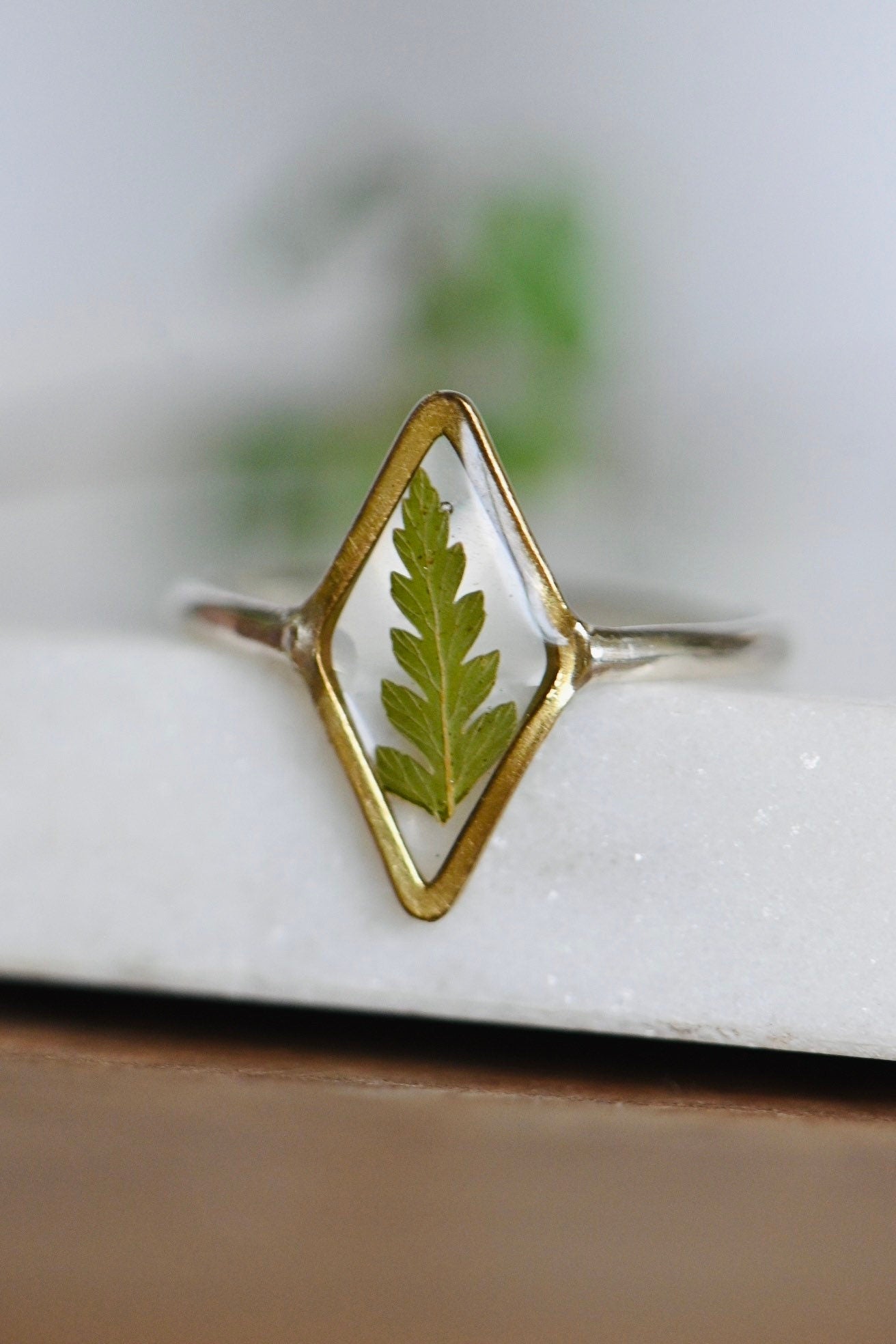 Dried Fern Resin Ring Botanical Jewelry