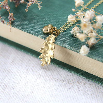 Golden Brass Oak Leaf & Acorn Necklace