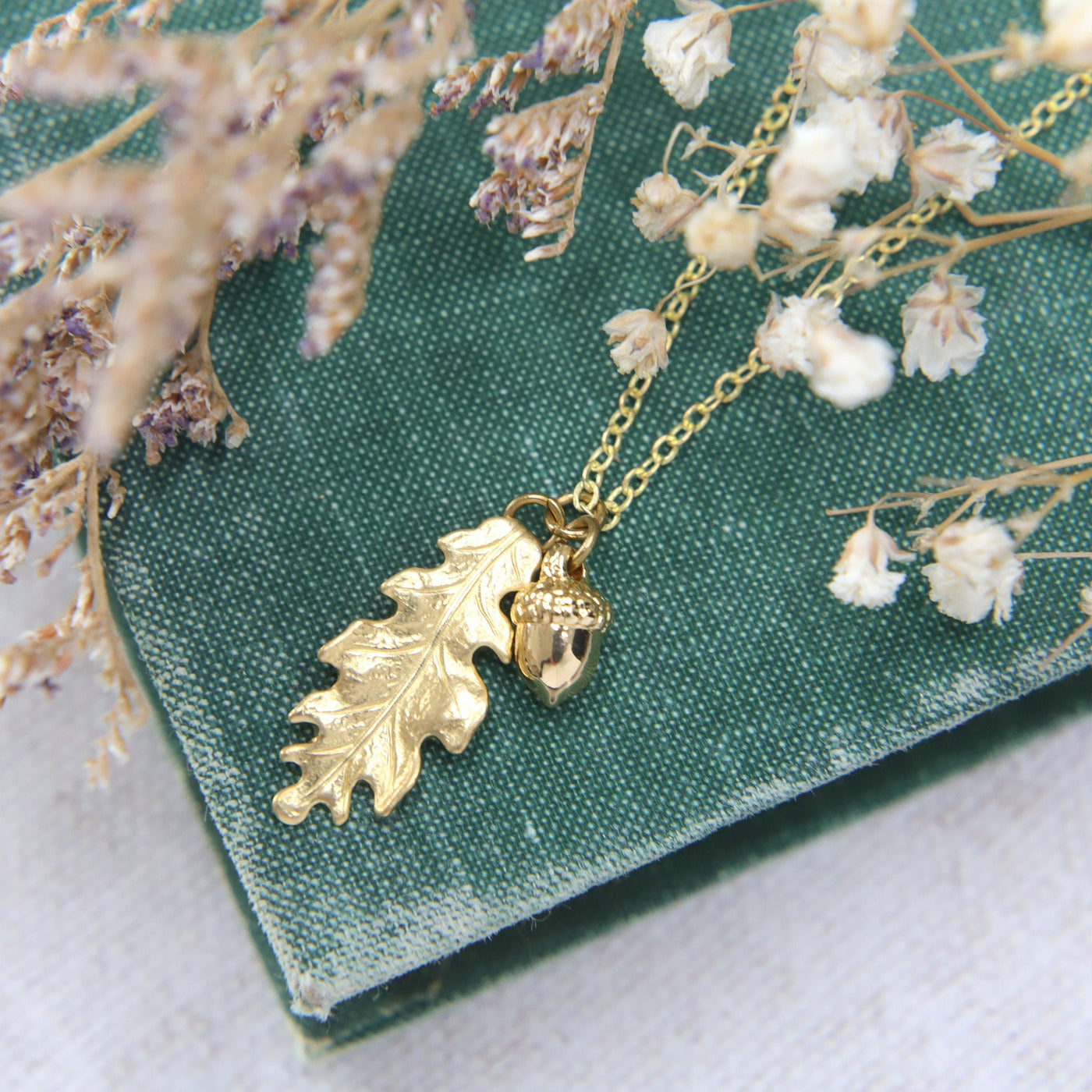 Golden Brass Oak Leaf & Acorn Necklace