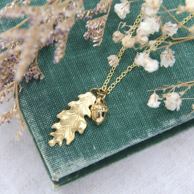Golden Brass Oak Leaf & Acorn Necklace