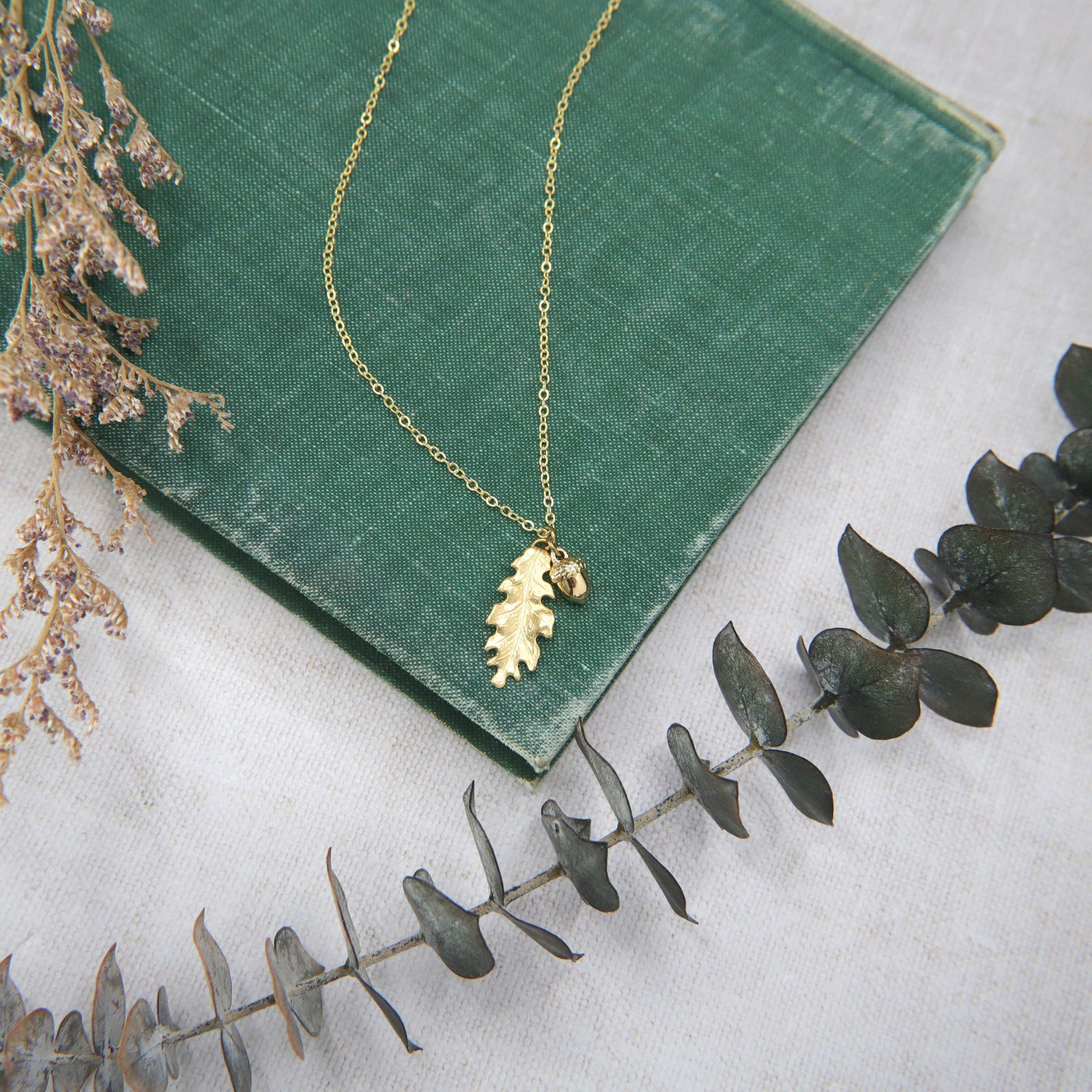 Golden Brass Oak Leaf & Acorn Necklace