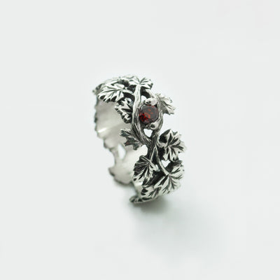 Oxidized Sterling Silver Maple Leaf Ring: Red Cubic Zirconia