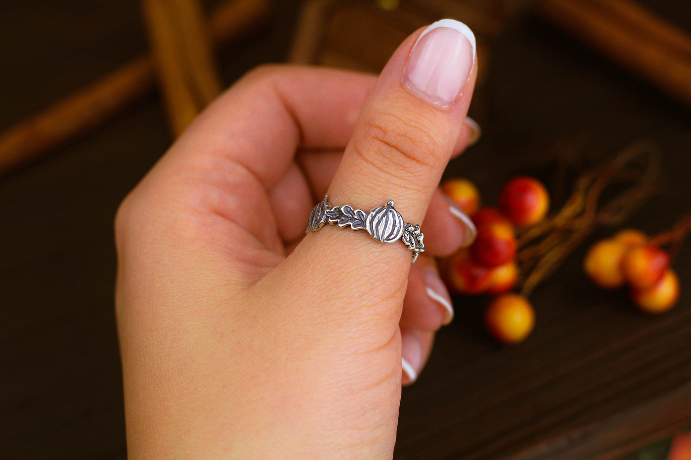 Pumpkins And Oak Leaves Silver Gothic Ring