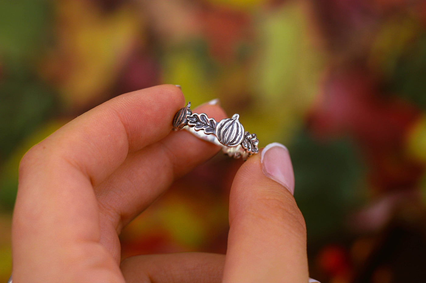 Pumpkins And Oak Leaves Silver Gothic Ring
