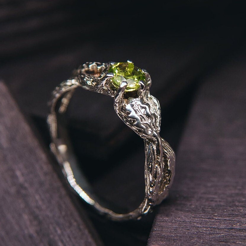 Natural Peridot Oak Leaf Silver Ring