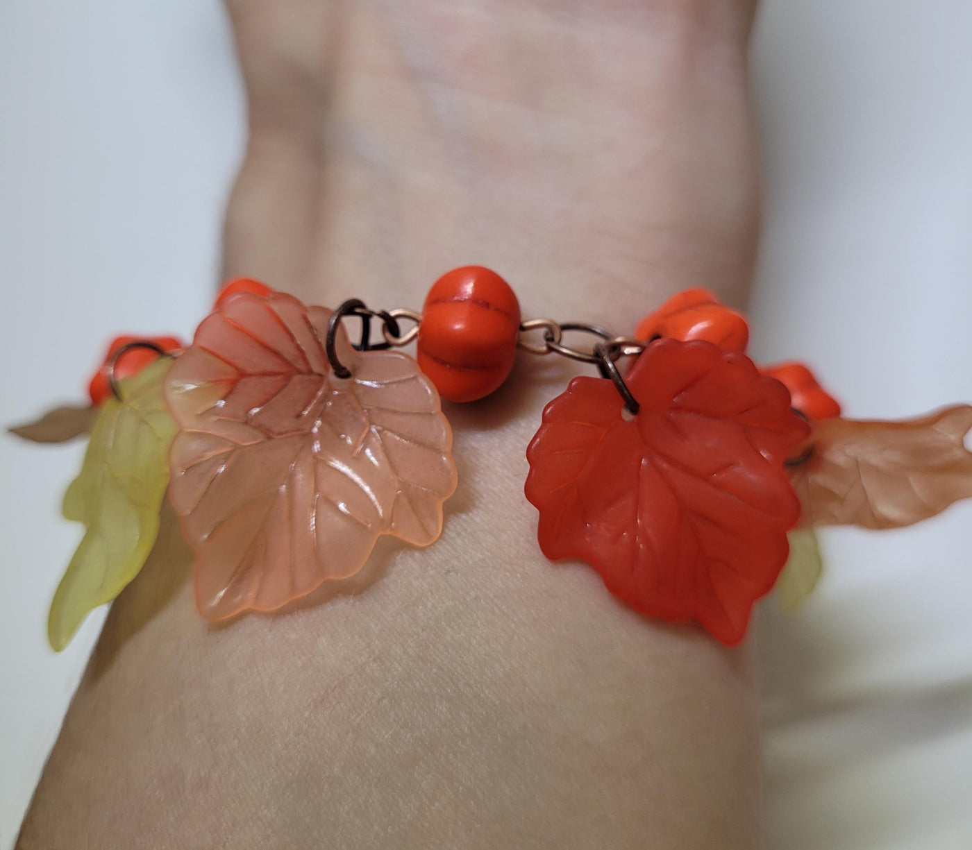 Pumpkin Bead and Leaf Charm Bracelet