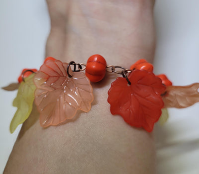 Pumpkin Bead and Leaf Charm Bracelet