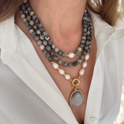 Multistrand Jasper Real Pearl Necklace
