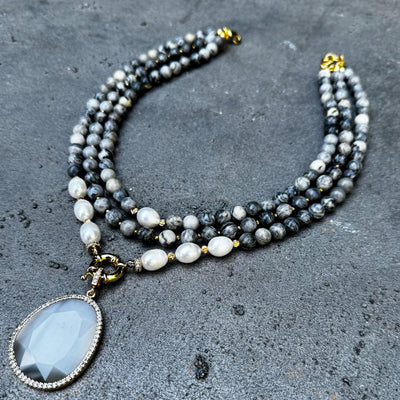 Multistrand Jasper Real Pearl Necklace