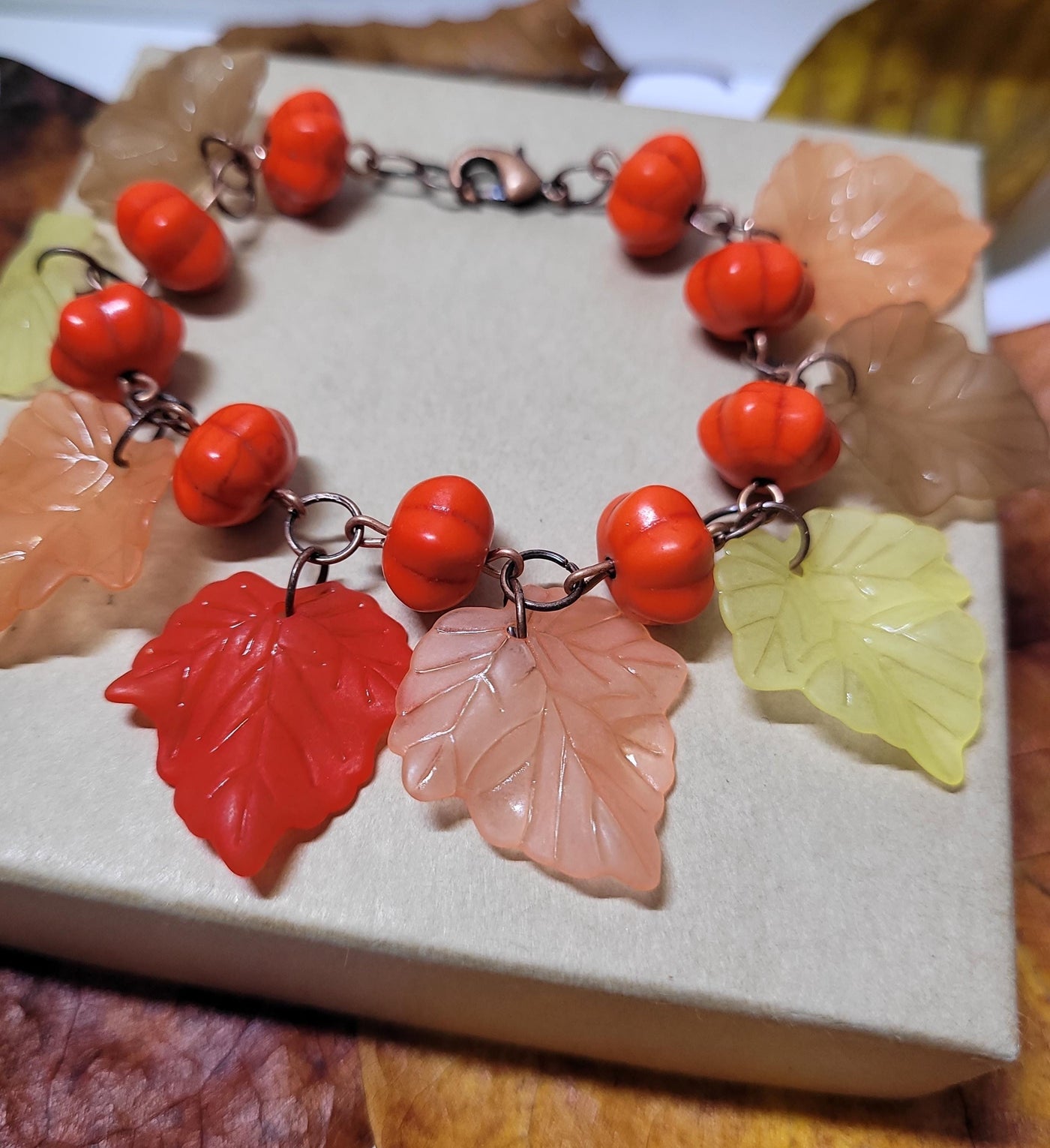 Pumpkin Bead and Leaf Charm Bracelet