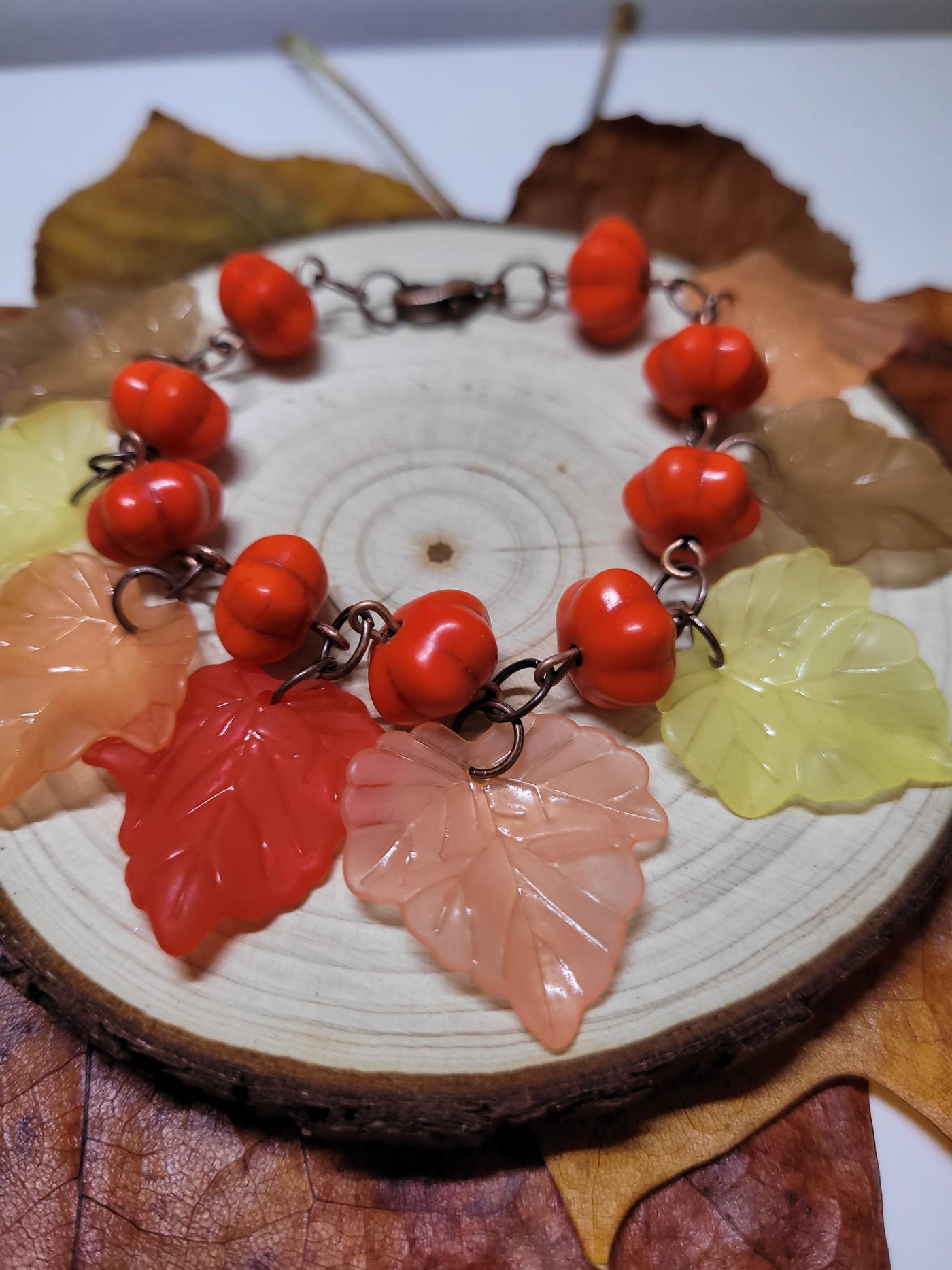 Pumpkin Bead and Leaf Charm Bracelet