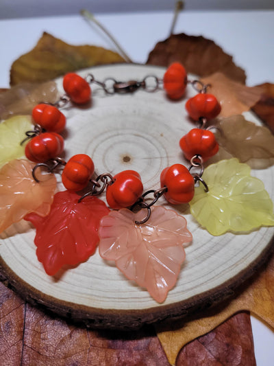 Pumpkin Bead and Leaf Charm Bracelet