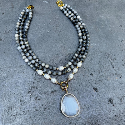 Multistrand Jasper Real Pearl Necklace