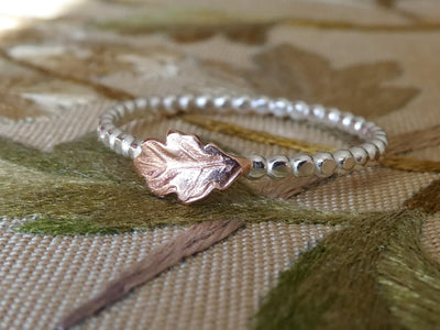 Handmade Dainty Copper Oak Leaf Silver Ring