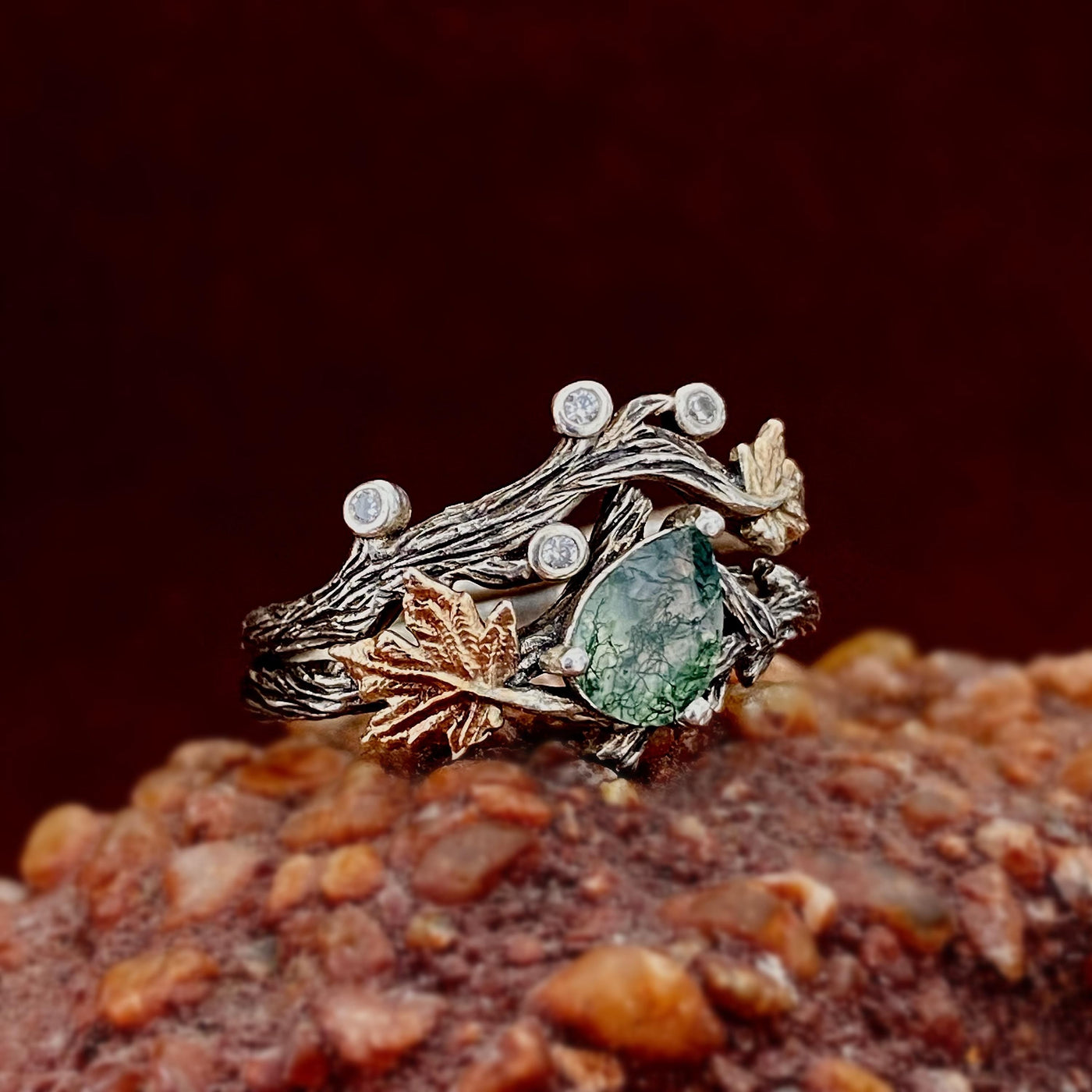 Natural Moss Agate Tree Branch Engagement Ring