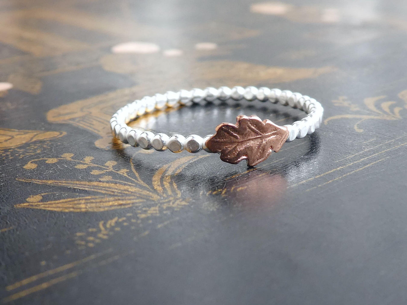 Handmade Dainty Copper Oak Leaf Silver Ring