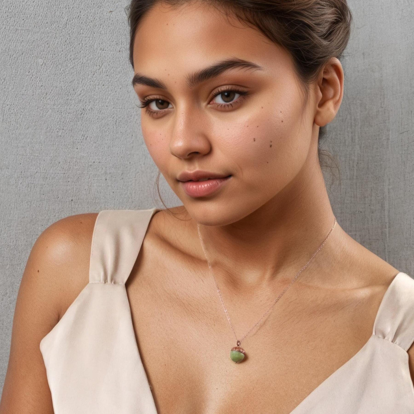 Olive Green Jade Acorn Copper Necklace