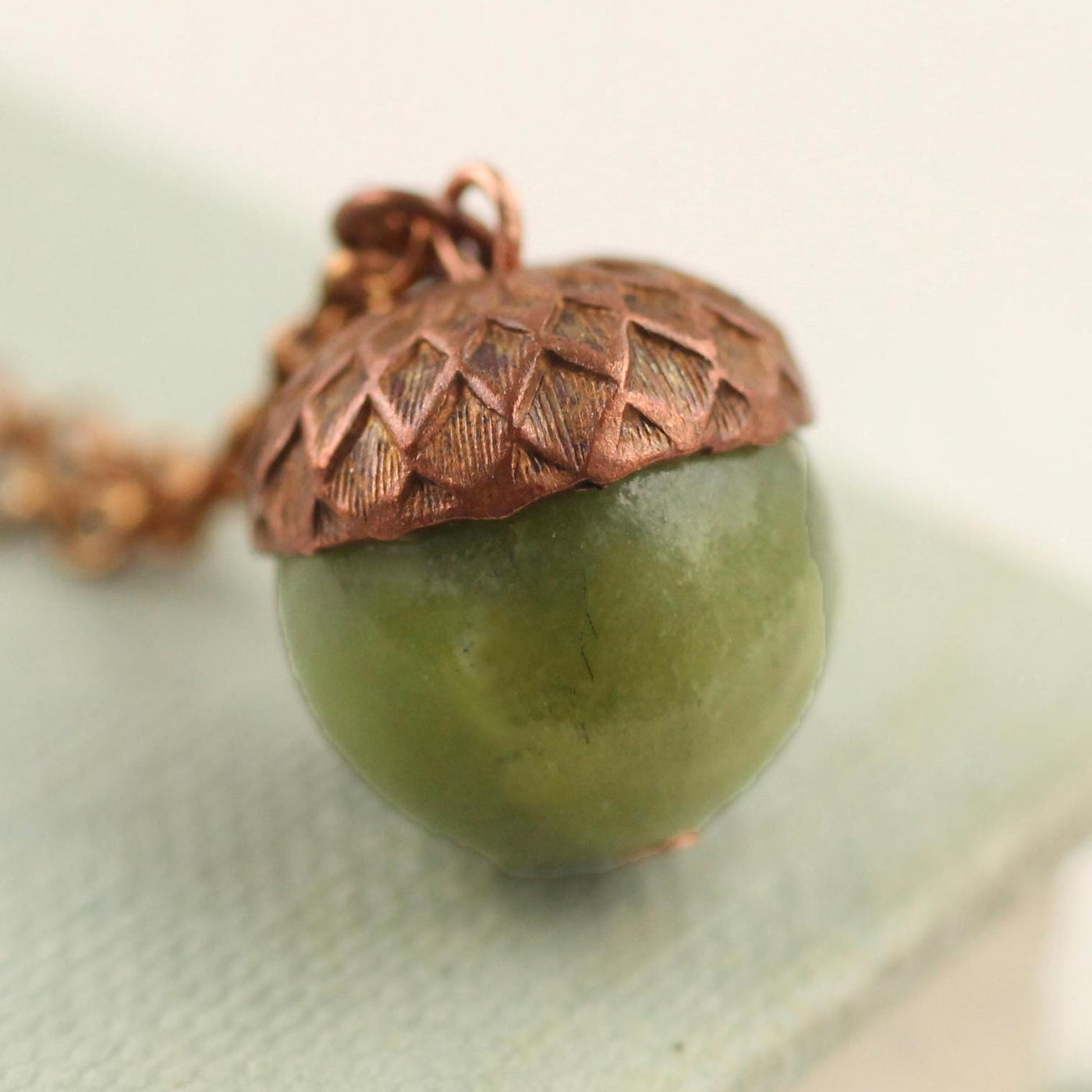 Olive Green Jade Acorn Copper Necklace