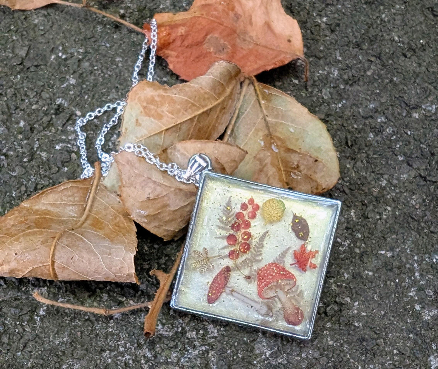 Dried Flower & Mushroom Resin Necklace