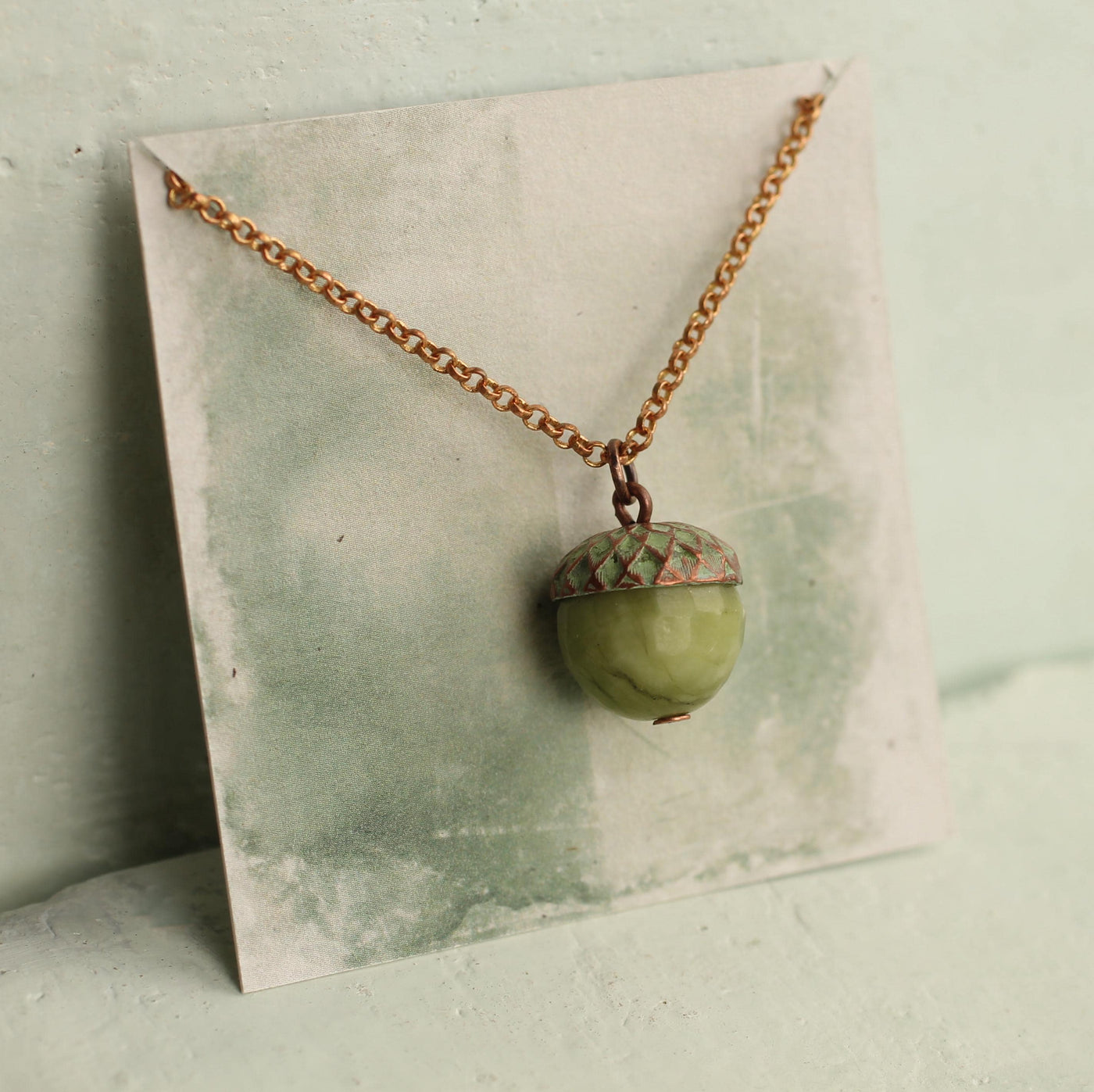 Olive Green Jade Acorn Copper Necklace