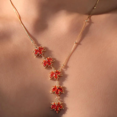 Gold Plated Maple Leaves Red Zirconia Necklace