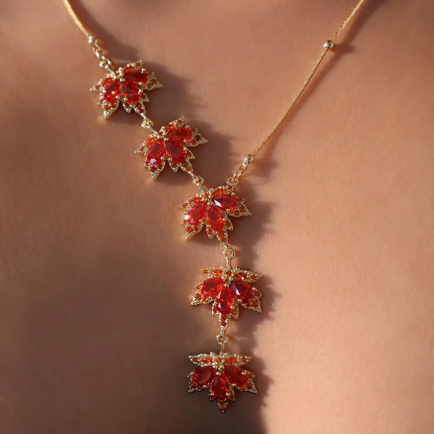 Gold Plated Maple Leaves Red Zirconia Necklace