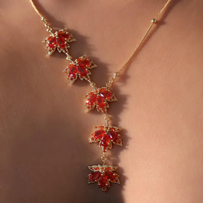 Gold Plated Maple Leaves Red Zirconia Necklace